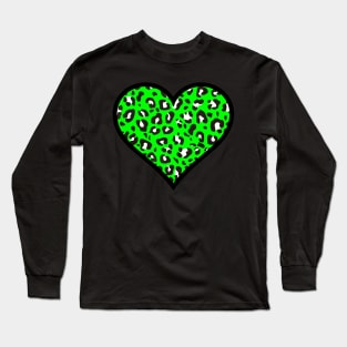 Bright Green, Black and White Leopard Print Heart Long Sleeve T-Shirt